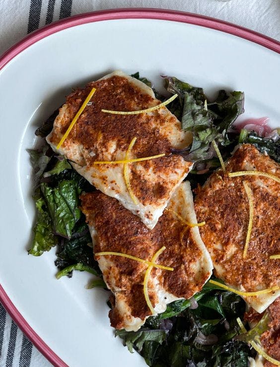 Deviled Trout with Mustard Greens